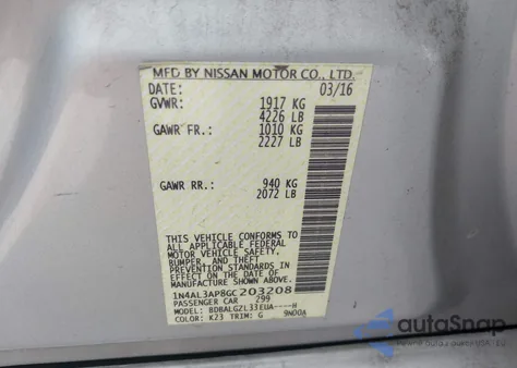 2016 Nissan Altima 2.5 S из США, поврежденный, VIN 1N4AL3AP8GC203208